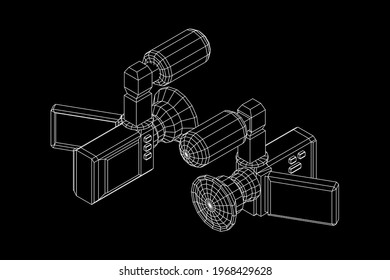 Digital video hand-held camera with rotating screen and external microphone. Wireframe low poly mesh vector illustration.