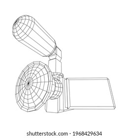 Cámara digital de vídeo manual con pantalla giratoria y micrófono externo. Ilustración vectorial de malla baja de malla de malla de alambre.