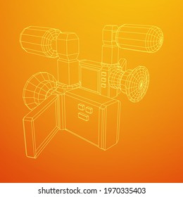 Digital video hand-held camera with rotating screen and external microphone. Wireframe low poly mesh vector illustration.