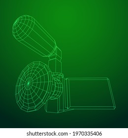 Digital video hand-held camera with rotating screen and external microphone. Wireframe low poly mesh vector illustration.