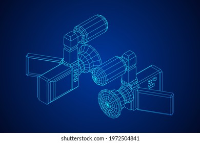 Digital video hand-held camera with rotating screen and external microphone. Wireframe low poly mesh vector illustration.