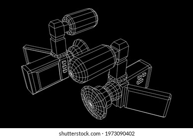 Digital video hand-held camera with rotating screen and external microphone. Wireframe low poly mesh vector illustration.