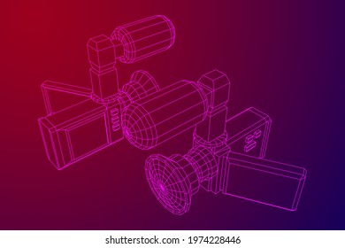 Digital video hand-held camera with rotating screen and external microphone. Wireframe low poly mesh vector illustration.