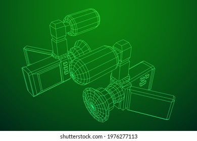 Digital video hand-held camera with rotating screen and external microphone. Wireframe low poly mesh vector illustration.
