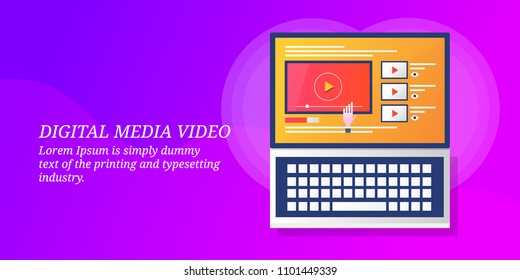 Digital video - Video marketing - Media advertising on laptop screen colorful vector illustration