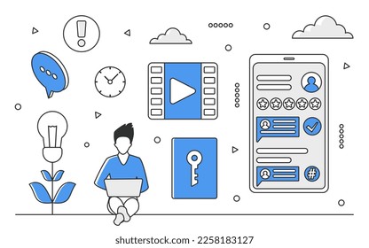 Digital video marketing. Smm optimization, vlog business vector monocolor illustration