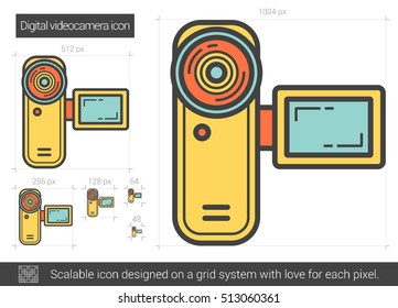 Digitales Vektorgrafik-Vektorsymbol einzeln auf weißem Hintergrund. Digitales Videokamera-Line-Symbol für Infografik, Website oder App. Skalierbares Symbol, das auf einem Gittersystem entworfen wurde.