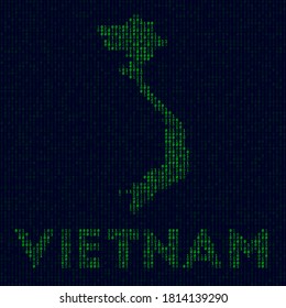 Digital Vietnam logo. Country symbol in hacker style. Binary code map of Vietnam with country name. Vibrant vector illustration.