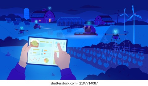 Digital village. Night smart farm management, countryside farming computer tech agriculture business, iot drone technology modern alternative energy, garish vector illustration. Smart farm agriculture