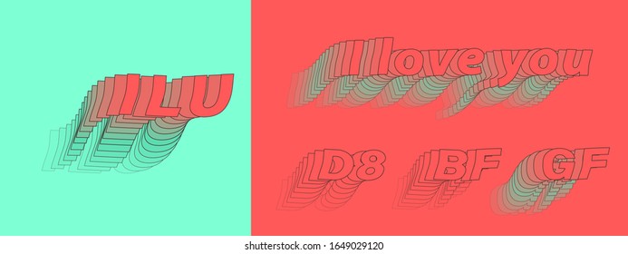 Digital vintage font. Coral text collection with pink motion lettering. ILU, bf, gf, d 8, I love you, cuts set for web site or page, old style postcard, geeky design words. Stock vector illustration