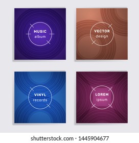 Digital vinyl records music album covers set. Semicircle curve lines patterns. Colorful creative vinyl music album covers, disc mockups. DJ records disc vector mockups. Techno party posters.