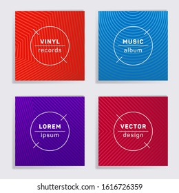Digital vinyl records music album covers set. Halftone lines backgrounds. Dynamic creative vinyl music album covers, disc mockups. DJ records disc vector mockups. Flyer gradient patterns.
