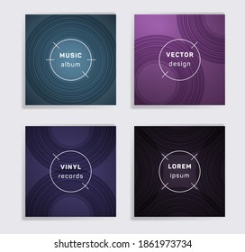 Digital vinyl records music album covers set. Semicircle curve lines patterns. Tech creative vinyl music album covers, disc mockups. DJ records disc vector mockups. Flyer gradient patterns.