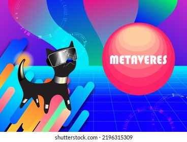 Digital Virtual Reality Technology of a cat with headset Metaverse Concept