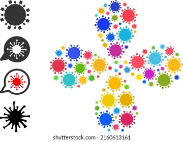 Digital virus icon multicolored explosion flower with 4 petals shape. Element flower designed from scattered digital virus symbols. Vector flower icon collage in flat style.