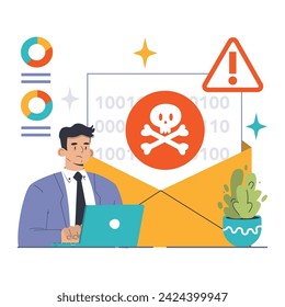 Digital virus threat concept. Tech-savvy woman analyzes menacing skull on monitor, signifying malware attack. Immediate response required. Flat vector illustration