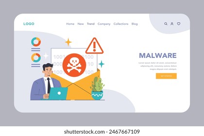 Digital virus threat web or landing. Tech-savvy woman analyzes menacing skull on monitor, signifying malware attack. Immediate response required. Flat vector illustration