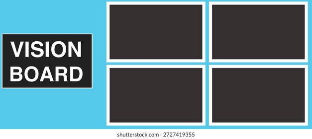 Una Plantilla de tablero de visión digital con un fondo azul brillante y cuatro cuadrados negros para Imágenes u objetivos, acompañada de un cuadro de texto "TABLERO de VISIÓN".
