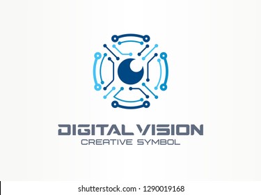 Digital vision creative symbol concept. Circuit robot eye, vr system abstract business logo. Cctv monitor, security scan control, video camera icon. Corporate identity logotype, company graphic design