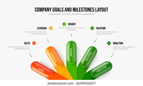 Digital Visualization Slide Template Vector Illustration. Product Campaign 5 Option Diagram Frame Layout. Service Growth Five Element Infographic Presentation Design.