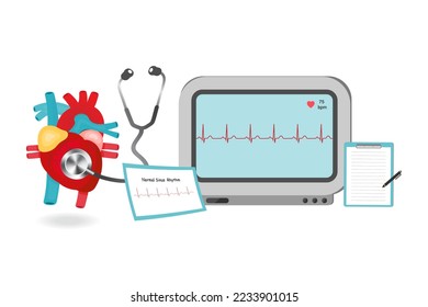 El monitor digital de signos vitales muestra electrocardiograma (EKG, ECG) con ritmo sinusal normal y frecuencia cardíaca.Atención médica.Vector.Ilustración.