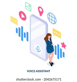 Digital voice assistant concept. Voice commands for smartphone control. Isometric illustration on white background