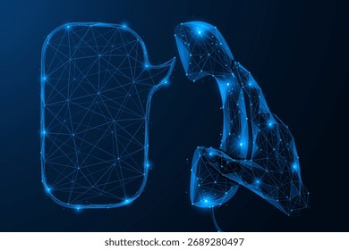 Conexão de voz digital. A mão segura o fone do telefone do qual a mensagem está saindo. O conceito de comunicação, comunicação, transmissão de dados e interação digital moderna.