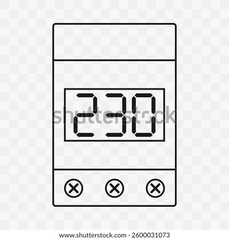 Digital voltage protection relay displaying 230 volts. Minimalist line art style vector illustration on a checkered background