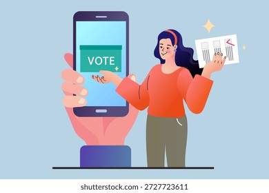 Votación digital y concepto de Encuesta en línea. Una mujer sostiene una papeleta de papel mientras interactúa con una urna virtual en la pantalla de un teléfono inteligente, que representa las elecciones modernas y las encuestas electrónicas.