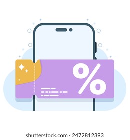 digital Voucher concept on smart phone screen. lucky bonus ticket, sale coupon graphic element for infographic, landing page, blank status app or web ui, icon, flat vector illustration design.