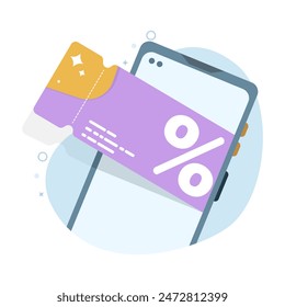 digital Voucher concept on smart phone screen. lucky bonus ticket, sale coupon graphic element for infographic, landing page, blank status app or web ui, icon, flat vector illustration design.