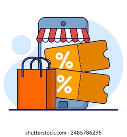 digital Voucher concept on smart phone screen. discount voucher or sale percentage coupon, online shopping concept. sales promotion. elements for infographics, pages, countries or web applications.