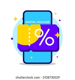 Digital voucher on smartphone screen concept illustration flat design vector eps10. graphic element for infographic, landing page, empty state app or web ui, icon