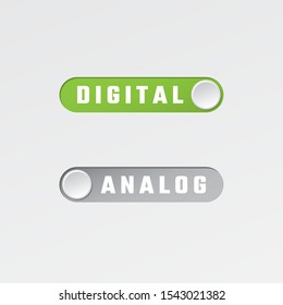 Digital vs Analog Logo Concept as On and Off Toggle Switch Buttons with Templates Lettering - Green and Grey on White Background - Vector Gradient Graphic  Design