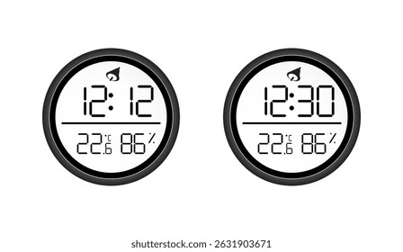 Digital Wall Clock Displaying Time and Environmental Readings, Circular Design with Alarm, Temperature and Humidity Shown in Simple White Background