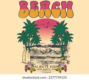 Digital wall painting. Surfing board. Summer retro graphic print design.  Beach big wave. palm tree artwork. Sunshine artwork. Beach vibes print design. Beach sunshine hand sketch vector design.