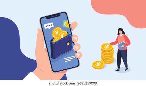 Aplicativo de carteira digital exibindo dinheiro e moedas em uma tela de smartphone com uma pessoa segurando dinheiro.