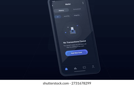 A interface da aplicação de carteira digital exibe uma tela sem transações encontradas. O design inclui opções para histórico, assinaturas e adição de um novo cartão.
