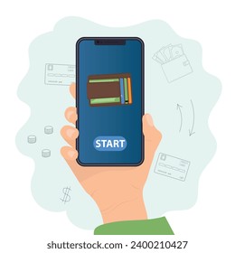 Digital wallet app on mobile phone concept. Hand holding smartphone with wallet on the screen. Vector illustration