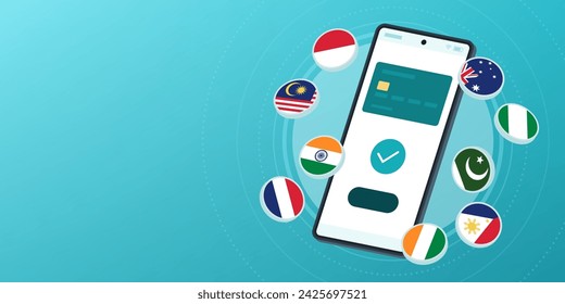 Aplicación de billetera digital en smartphone y banderas internacionales: transferencia de dinero, pagos y cambio de moneda