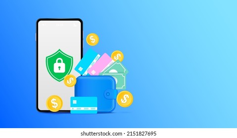 Digital wallet application on mobile and internet banking. Online payment security via credit card. Online money transaction concept. Vector EPS10.