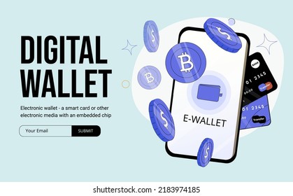 Digital wallet application on mobile. Banner vector. Phone and internet banking. online payment security transaction via smartphone. Smartphone with wallet and money on top. Mobile banking application