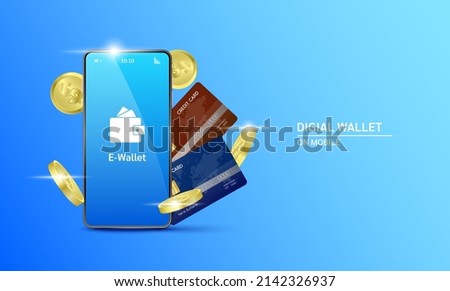 Digital wallet application on mobile and internet banking. Online payment security via credit card. Online money transaction concept. Vector EPS10.