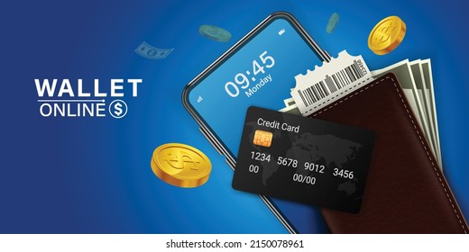 Digital Wallet Application On Mobile.Credit Cards, Wallets And Banknotes Are On Mobile.
Digital Wallet Application Design Illustration Concept .all On A Blue Background.