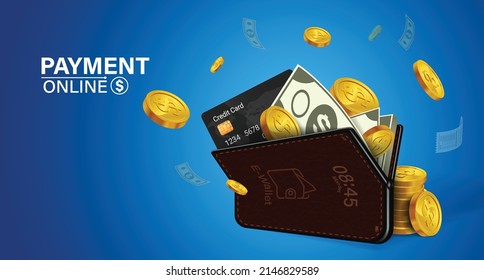 digital wallet application on mobile.Mobile design concept is an online wallet with coins, banknotes and credit cards inside all on blue background.Online digital wallet via smartphone application.