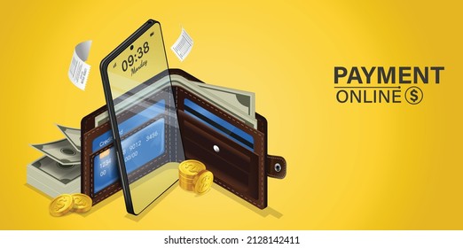 digital wallet application on mobile.Wallet and credit cards connected and transferred to smartphones. E-wallet concept and mobile payment.