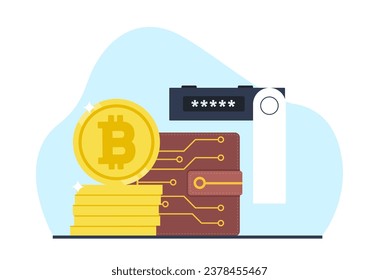 Cartera digital para criptodivisa de bitcoin. Protección fiable de los ahorros. Inversiones y banca en línea, dinero electrónico. Caricatura de aplicación de banco digital concepto de vector aislado plano
