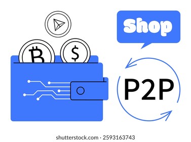 Digital wallet with Bitcoin and Dollar coin, and Peer-to-Peer (P2P) transaction concept. Ideal for e-commerce, cryptocurrency, fintech, blockchain, and financial technology. Modern and minimalist