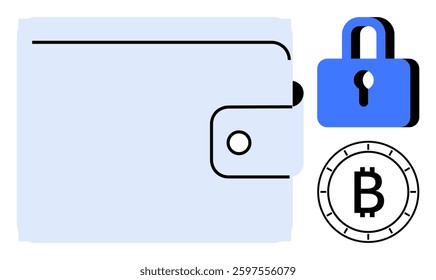 Digital wallet with Bitcoin symbol and security lock representing secure cryptocurrency storage and transactions. Ideal for finance, technology, online security, investment, digital money, blockchain