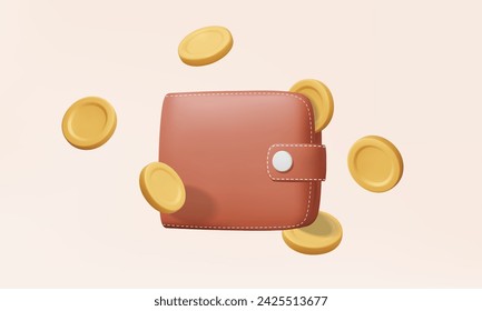 Digital wallet brown with golden coins floating into wallet cashback concept. money management income financial saving online payments, cartoon minimal on pastel background. 3d vecrtor